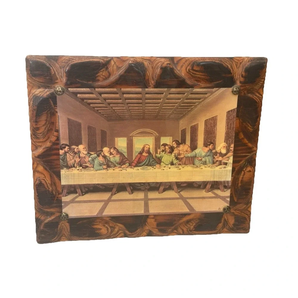 Vintage The Last Supper on Wood Slab Wall Art Plaque Ornate 10